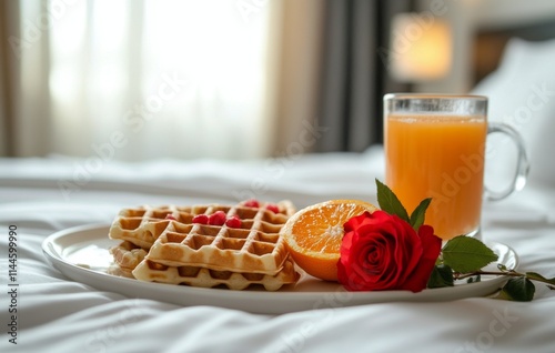 Freshly prepared waffles with orange slices and a pink rose served on a plate...