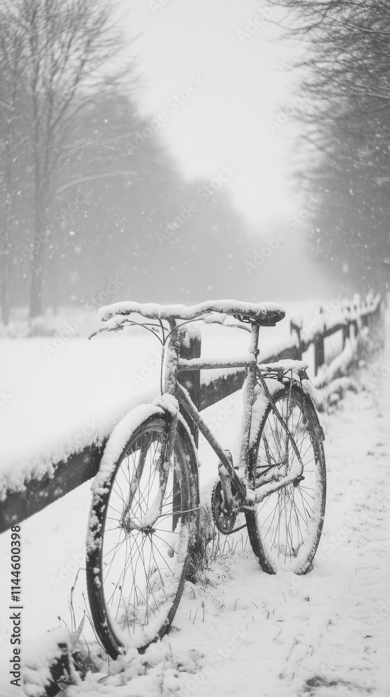 Obraz premium Snowy bicycle leaning against a fence in a winter wonderland. A serene, black and white scene.