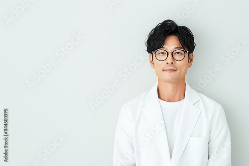 portrait photography, portrait of a handsome korean man in his s in a doctors gown, wearing glasses, on a white background photo