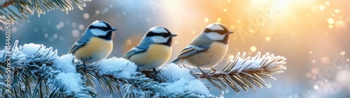 Three colorful birds perched on a snowy pine branch during a gentle snowfall ...