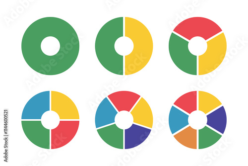 Donut charts segmented on equal parts. Diagrams infographic multicoloured. Wheels divided in sections. Circle section graph. Pie, pizza chart round icons. Loading bar templates.