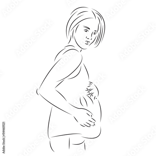 One continuous single drawing line art flat doodle pregnancy, one, people, female, woman. Isolated image hand draw contour on a white background
