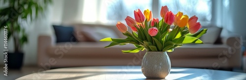 Bright and colorful bouquet of tulips in a modern living room with natural li...