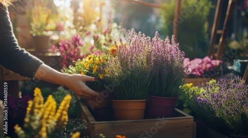 Flower vendor arranging vibrant potted plants at a bustling market during sun...