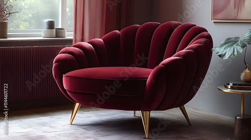 A red velvet chair with gold legs sits in a room with a window photo