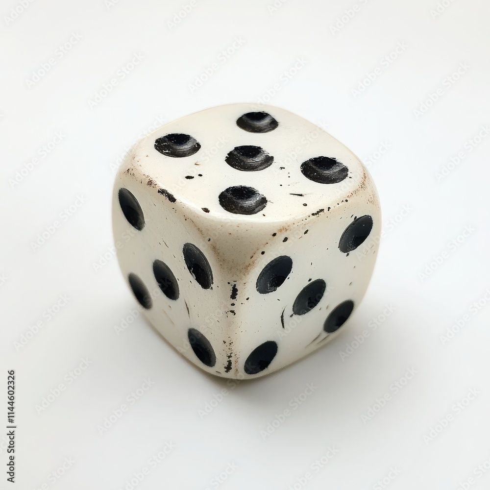A classic white dice with black dots, each side showing a different number on a white background A classic white dice with black dots, each side showing a different number on a white background
