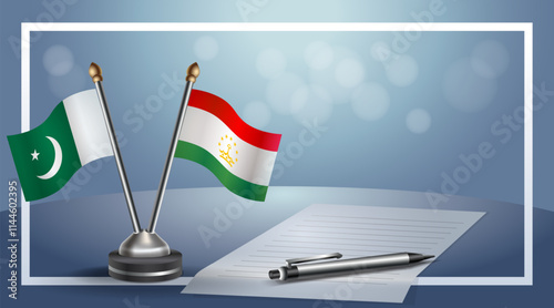 Pakistan and Tajikistan National flags on small table with bokeh background, cooperative relationship
