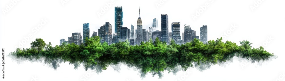 Obraz premium City skyline blending with lush greenery.