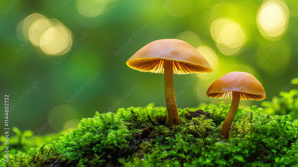 close-up of two orange mushrooms growing on vibrant green moss in a forest. The blurred background with glowing bokeh creates a serene and magical atmosphere, perfect for nature and forest themes close-up of two orange mushrooms growing on vibrant green moss in a forest. The blurred background with glowing bokeh creates a serene and magical atmosphere, perfect for nature and forest themes
