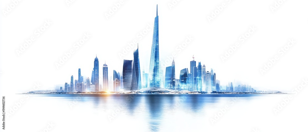 Fototapeta premium Futuristic skyline reflecting on calm waters.