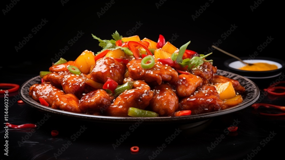 Thai sweet and sour chicken, light background, space on the right, Backlighting,generative ai illustration Thai sweet and sour chicken, light background, space on the right, Backlighting,generative ai illustration