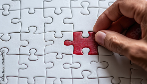  close-up of a hand placing a red puzzle piece into a white puzzle. The vibrant red piece stands out, symbolizing completion, problem-solving, or finding the missing element in a solution