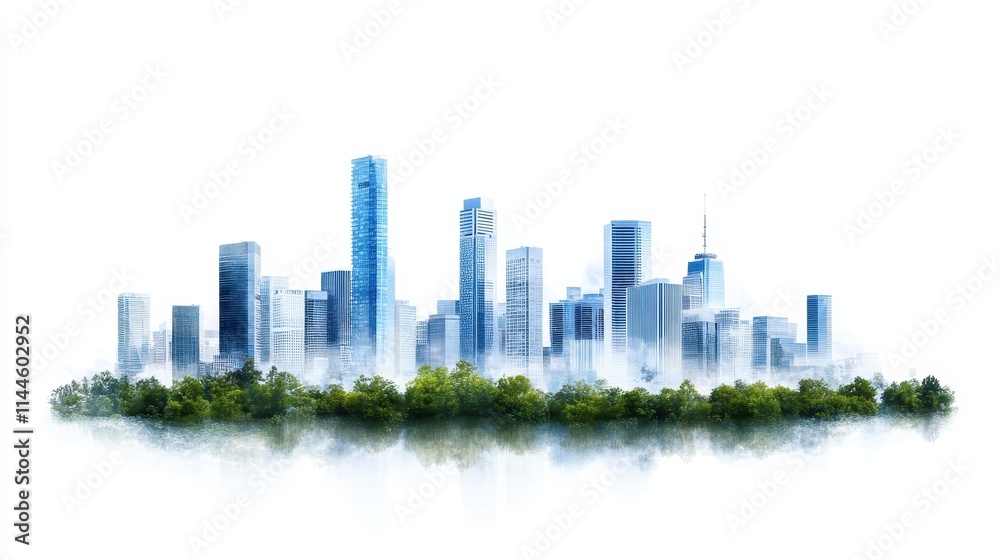 Fototapeta premium Modern city skyline with lush greenery foreground.