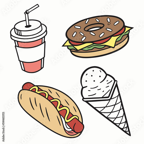 Food 3d icons. Drink, burger donut and ice cream cone. Render realistic hot dog and arabian vegan wrap. Fast meals, desserts, pithy isolated vector set