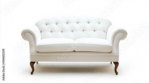 A stylish white upholstered sofa with tufted design and wooden legs, embodying elegance and comfort.