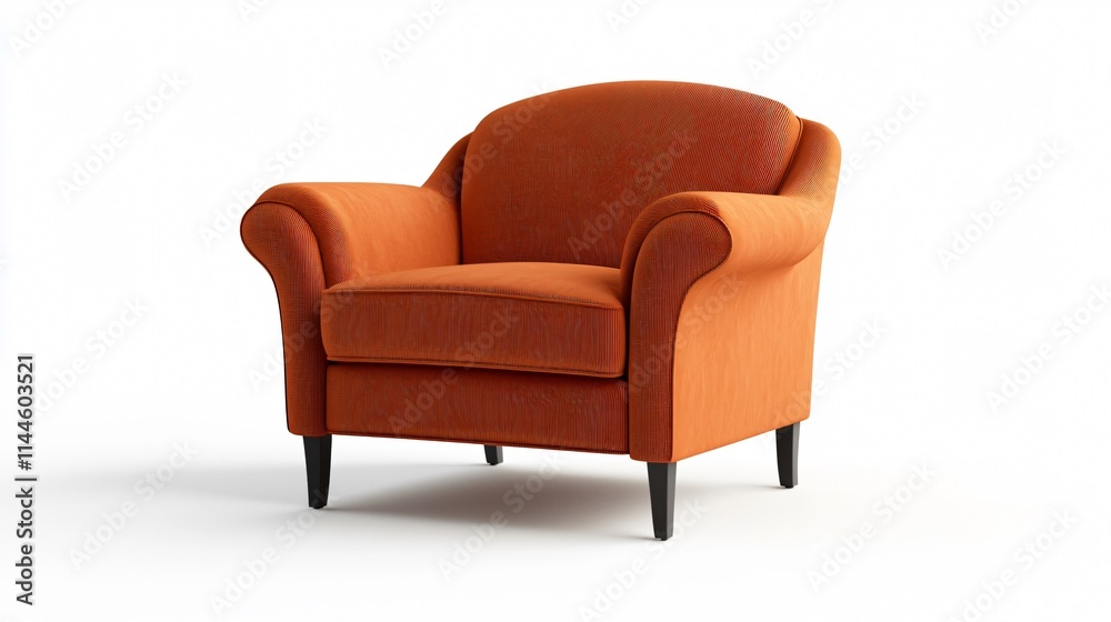 A cozy orange armchair featuring textured upholstery and curved arms, perfect for adding a pop of color to any room. A cozy orange armchair featuring textured upholstery and curved arms, perfect for adding a pop of color to any room.