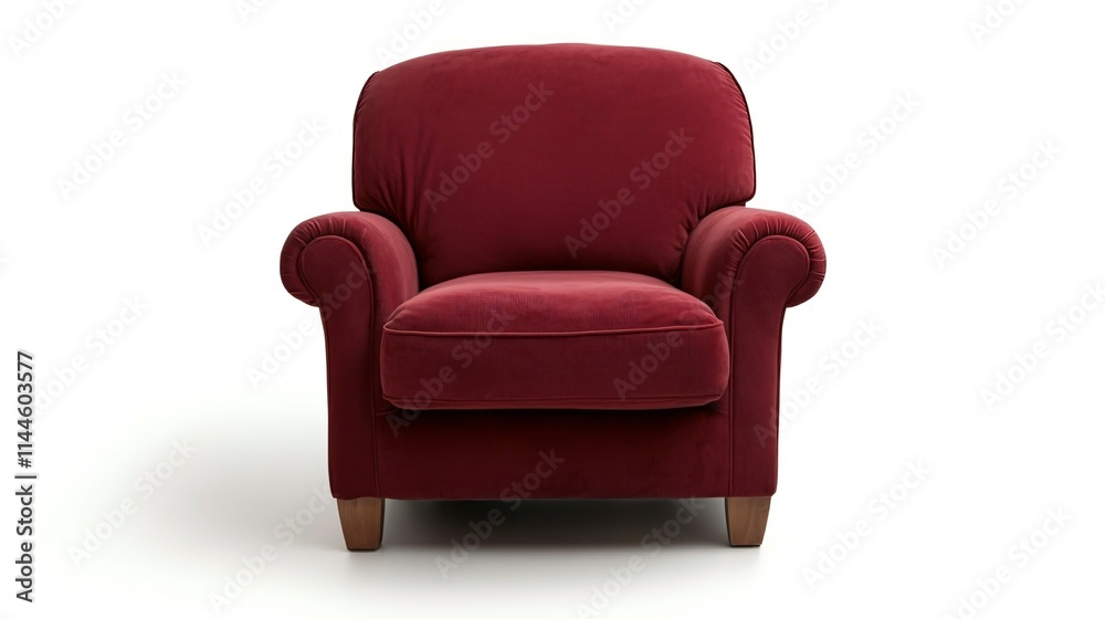 A plush, burgundy armchair with rounded arms and wooden legs. A plush, burgundy armchair with rounded arms and wooden legs.