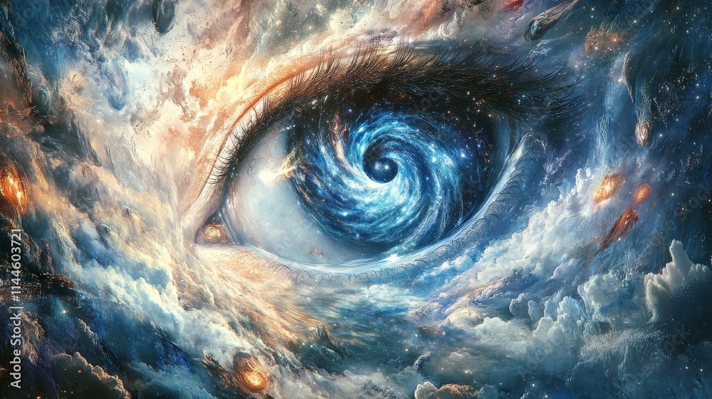 Fototapeta premium A surreal vision of a cosmic eye formed by swirling galaxies, vivid star clusters, and glowing celestial elements, blending fantasy with science fiction.. AI Generation. AI Generation