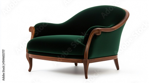 A luxurious green velvet chair with elegant wooden accents and a curved design, embodying sophistication and comfort.