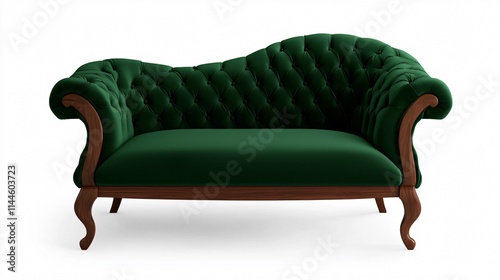 A luxurious green tufted sofa with wooden accents, showcasing an elegant design and inviting comfort. photo