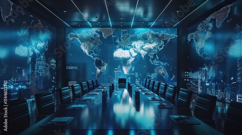 Wallpaper Mural Virtual meeting scene with a global team of executives discussing international business strategy, with world maps, financial charts, and digital communication devices visible Torontodigital.ca