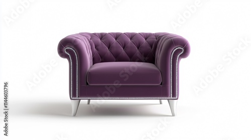 A luxurious purple tufted armchair with elegant detailing and stylish legs.