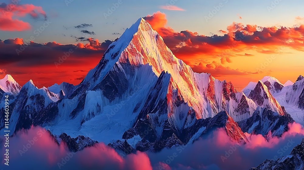 Majestic alpine mountains illuminated by the last rays of sunlight, the sky painted in hues of orange and pink, creating a serene and peaceful atmosphere for a perfect sunset moment Majestic alpine mountains illuminated by the last rays of sunlight, the sky painted in hues of orange and pink, creating a serene and peaceful atmosphere for a perfect sunset moment