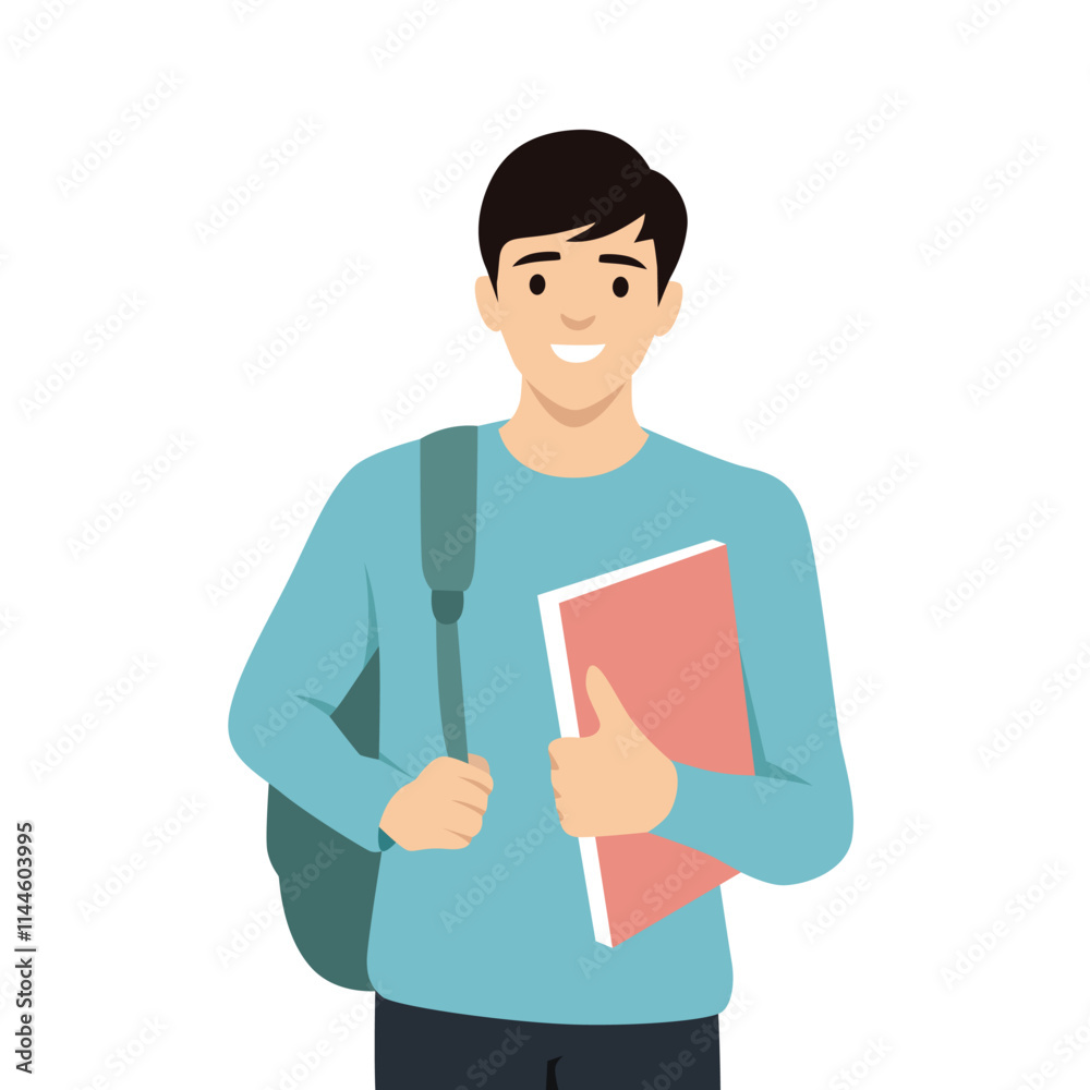 Young man college Student with Backpack and Books. Flat vector illustration isolated on white background Young man college Student with Backpack and Books. Flat vector illustration isolated on white background