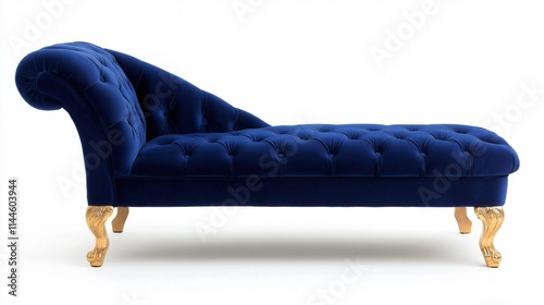 A luxurious blue velvet chaise lounge with tufted upholstery and ornate golden legs, exuding elegance and comfort.