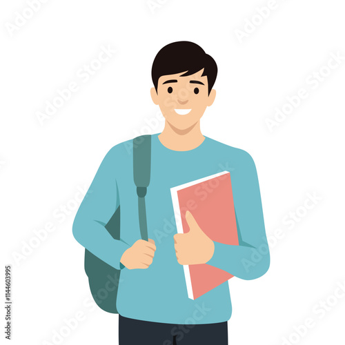 Young man college Student with Backpack and Books. Flat vector illustration isolated on white background