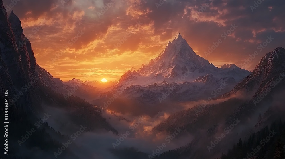 Snow-capped alpine mountains bathed in the warm glow of a perfect sunset, with dramatic skies overhead and a slight mist rising from the forested valleys below Snow-capped alpine mountains bathed in the warm glow of a perfect sunset, with dramatic skies overhead and a slight mist rising from the forested valleys below