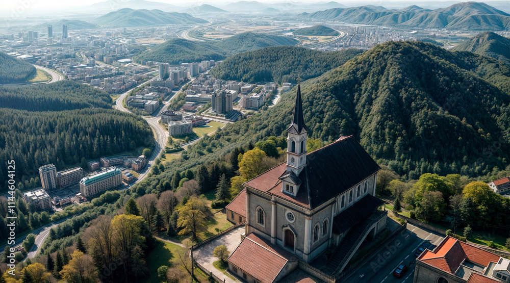 An aerial photograph showcases a church nestled amidst a verdant landscape, overlooking a sprawling city and majestic mountains An aerial photograph showcases a church nestled amidst a verdant landscape, overlooking a sprawling city and majestic mountains