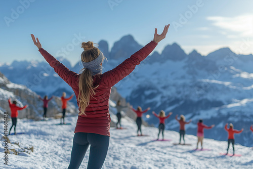 a group of people standing on top of a snow covered slope doing yoga exercises in the snow with their hands up