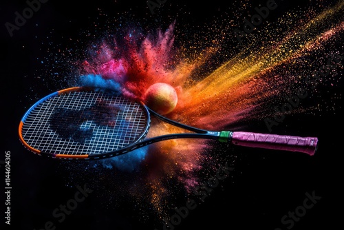 Photograph capturing a badminton racket and ball amidst a colorful explosion.