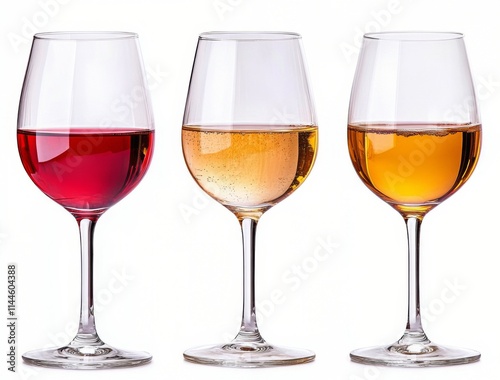 Three elegant wine glasses displaying rose, red, and white wines against a cl...