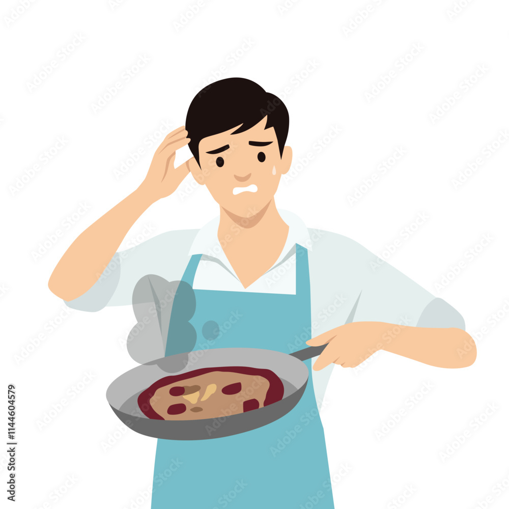Young man failed to cook. Flat vector illustration isolated on white background Young man failed to cook. Flat vector illustration isolated on white background