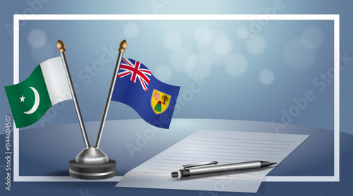 Pakistan and Turk and Caicos National flags on small table with bokeh background, cooperative relationship