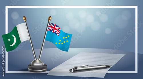 Pakistan and Tuvalu National flags on small table with bokeh background, cooperative relationship