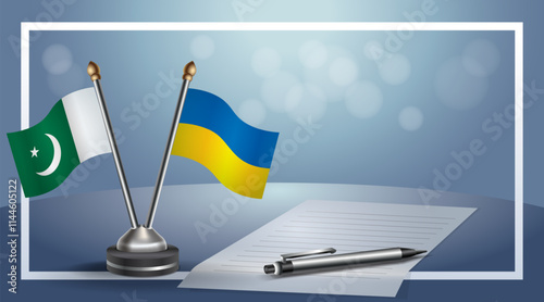 Pakistan and Ukraine National flags on small table with bokeh background, cooperative relationship
