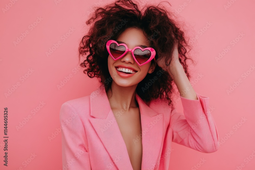 Joyful Woman in Pink Blazer with Heart-shaped Glasses