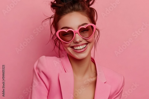 Joyful Woman in Pink Blazer with Heart-Shaped Glasses