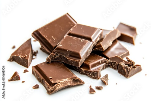 A collection of broken chocolate bar pieces scattered across the scene