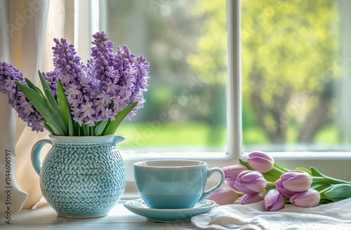 Vibrant spring flowers and a cup of tea on a sunny windowsill create a serene...