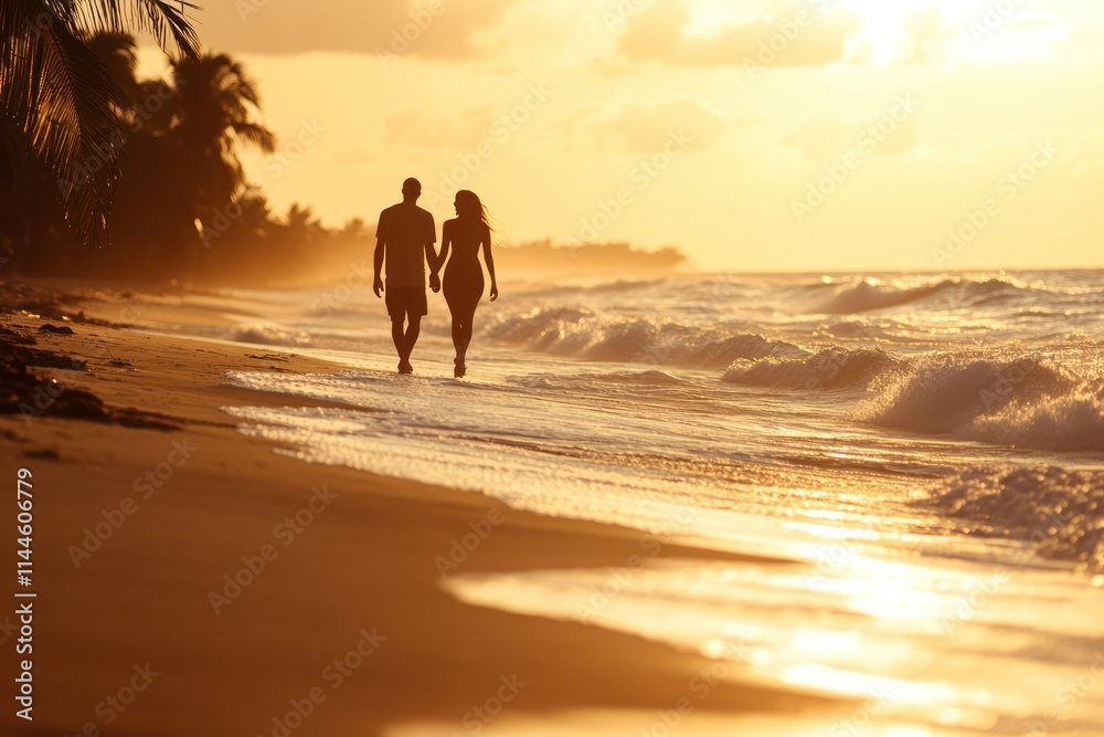 Romantic Couple Walking Hand in Hand on the Beach Romantic Couple Walking Hand in Hand on the Beach
