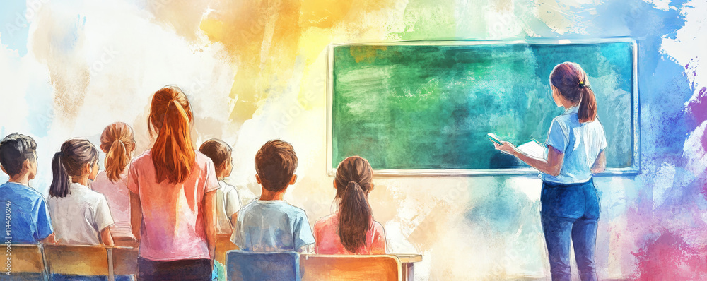 teacher explains lesson to engaged students in bright classroom with colorful walls, fostering lively and creative learning environment teacher explains lesson to engaged students in bright classroom with colorful walls, fostering lively and creative learning environment