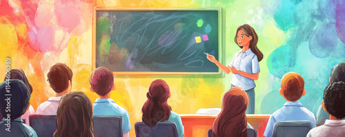 teacher enthusiastically explains concept to engaged students in bright, colorful classroom, fostering positive and creative learning environment