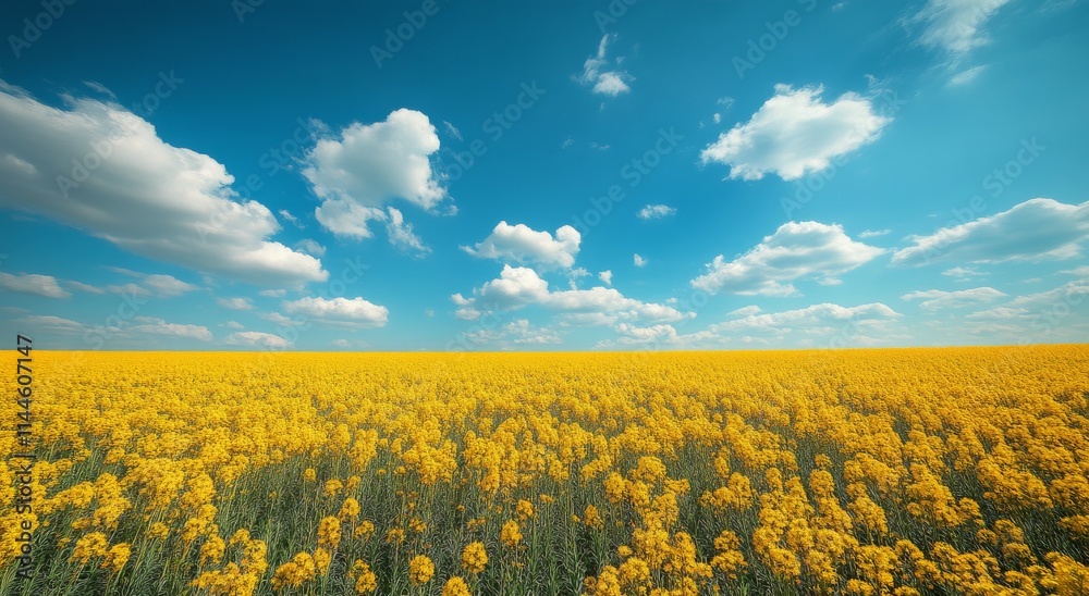 Vibrant yellow flower field under a bright blue sky with fluffy white clouds during midday sunlight Vibrant yellow flower field under a bright blue sky with fluffy white clouds during midday sunlight