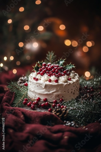 Delicious holiday cake adorned with fresh berries and green foliage placed el...