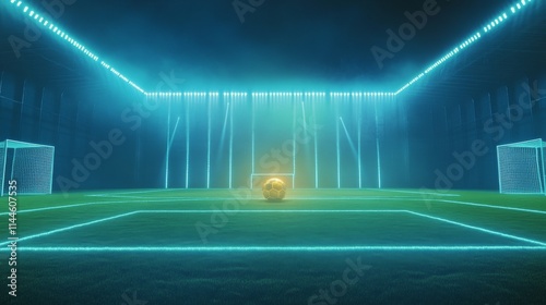 Brightly lit soccer stadium with dynamic lighting effects and a golden ball p...