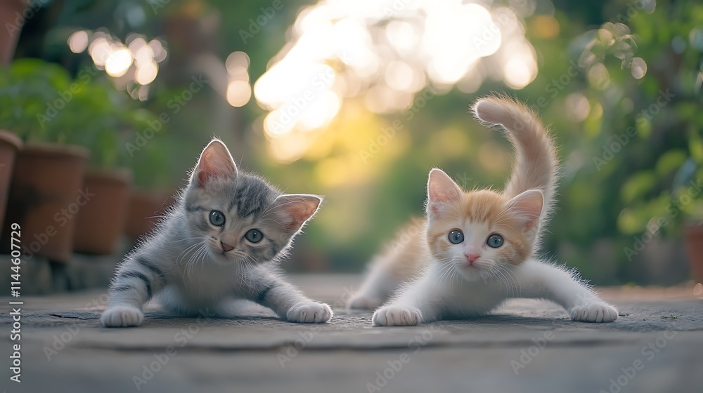 Playful Kittens Exploring a Garden Path at Sunset. AI Generated Playful Kittens Exploring a Garden Path at Sunset. AI Generated